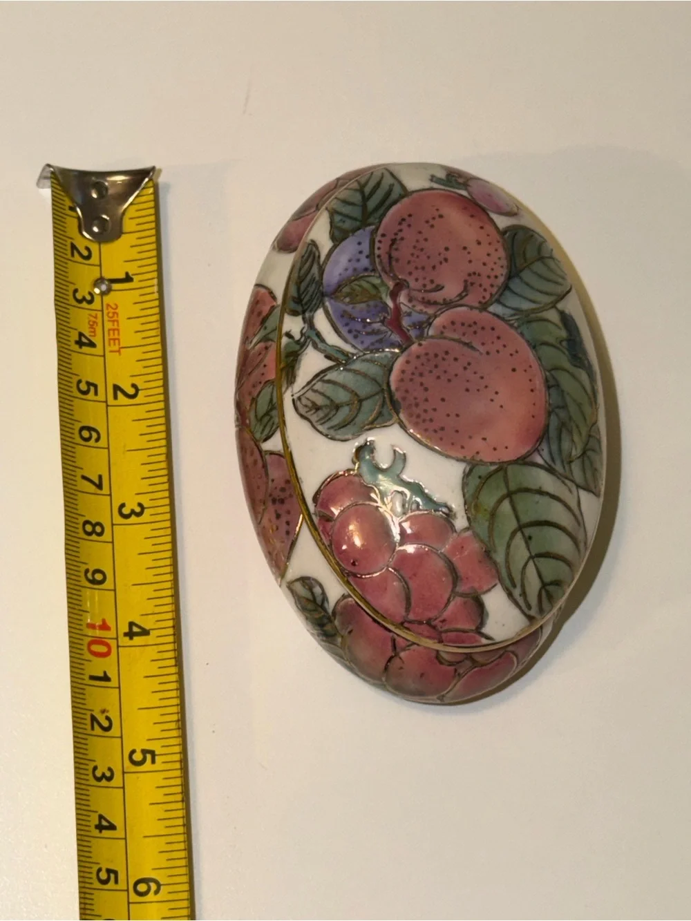 Vtg Toyo China Oval Porcelain Box Enamel Peaches & Fruit Motif Dish w/ gold trim